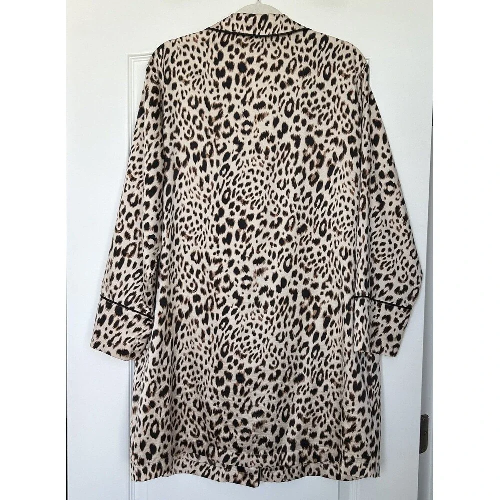 Victorias Secret Satin Sleep Shirt Womens Sz L Leopard Animal Print Button Up